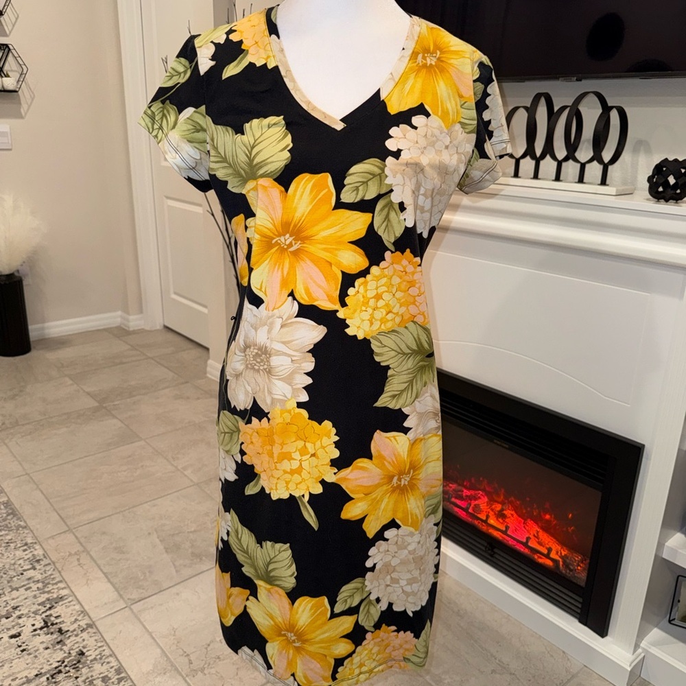 3 x 20$ Caribbean Joe Black Midi Dress with Yellow & Cream Floral Print Size S
